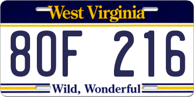 WV license plate 8OF216