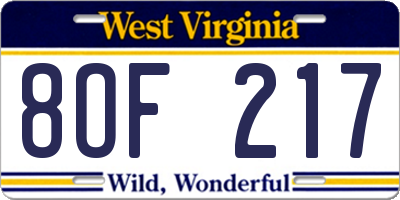 WV license plate 8OF217