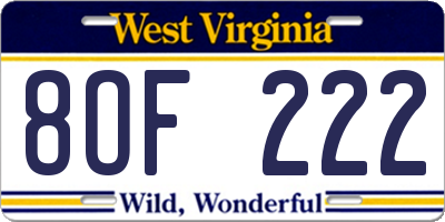 WV license plate 8OF222