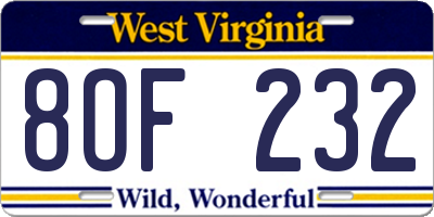 WV license plate 8OF232