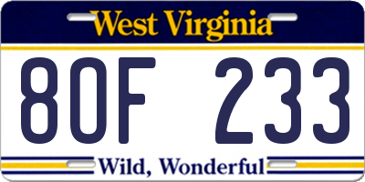 WV license plate 8OF233