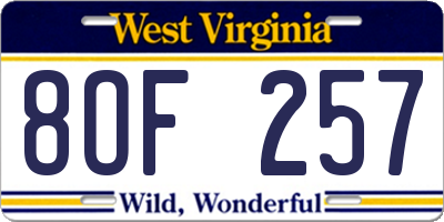 WV license plate 8OF257
