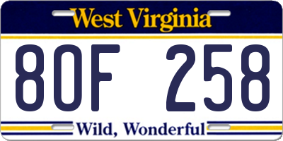 WV license plate 8OF258