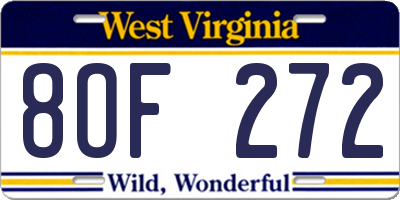 WV license plate 8OF272