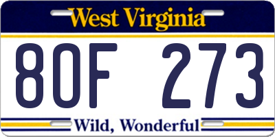WV license plate 8OF273