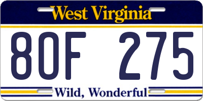 WV license plate 8OF275