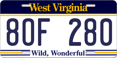 WV license plate 8OF280