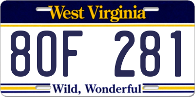 WV license plate 8OF281