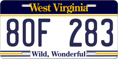 WV license plate 8OF283