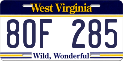 WV license plate 8OF285