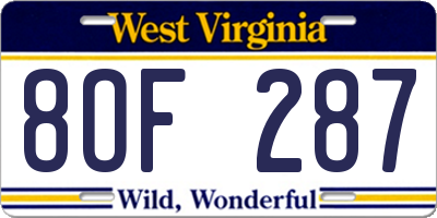 WV license plate 8OF287