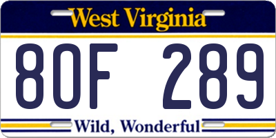 WV license plate 8OF289