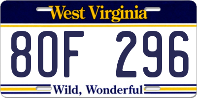 WV license plate 8OF296