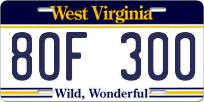 WV license plate 8OF300