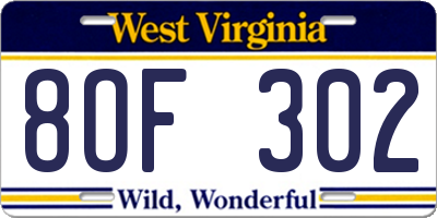 WV license plate 8OF302