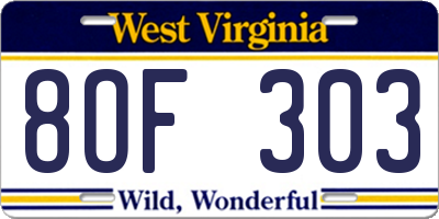 WV license plate 8OF303