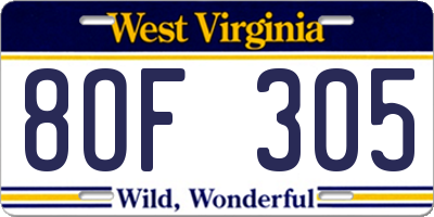 WV license plate 8OF305