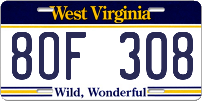 WV license plate 8OF308