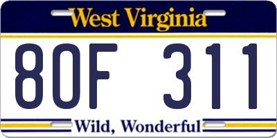 WV license plate 8OF311