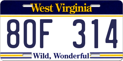 WV license plate 8OF314