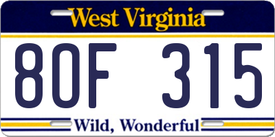 WV license plate 8OF315