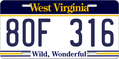 WV license plate 8OF316