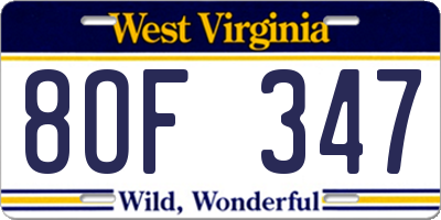 WV license plate 8OF347
