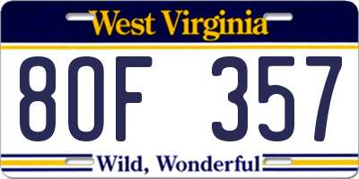 WV license plate 8OF357