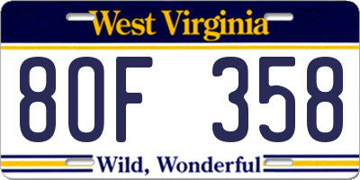 WV license plate 8OF358