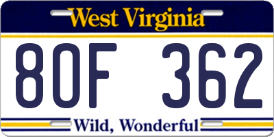 WV license plate 8OF362
