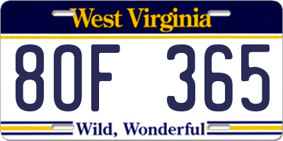 WV license plate 8OF365