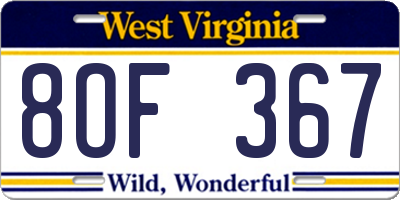 WV license plate 8OF367