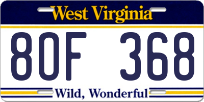 WV license plate 8OF368