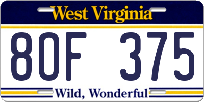 WV license plate 8OF375