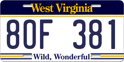 WV license plate 8OF381