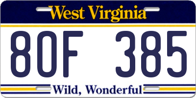 WV license plate 8OF385