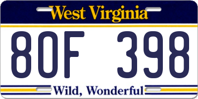 WV license plate 8OF398