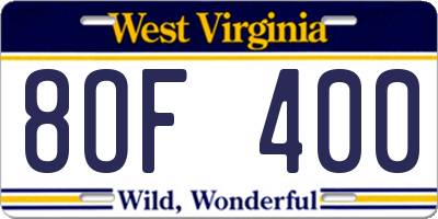 WV license plate 8OF400