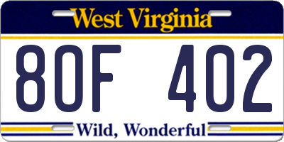 WV license plate 8OF402
