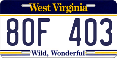 WV license plate 8OF403