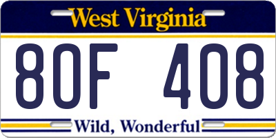 WV license plate 8OF408