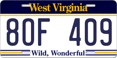 WV license plate 8OF409