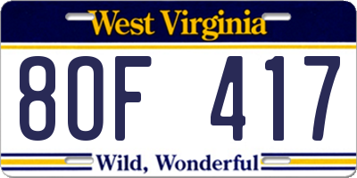 WV license plate 8OF417