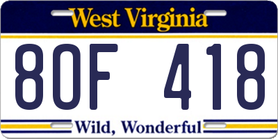 WV license plate 8OF418