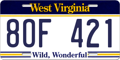 WV license plate 8OF421
