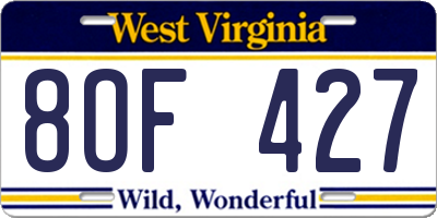 WV license plate 8OF427