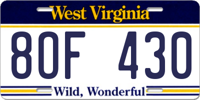 WV license plate 8OF430