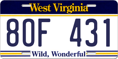 WV license plate 8OF431