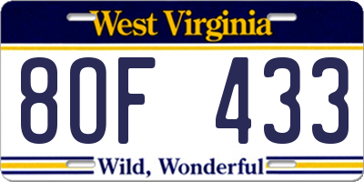 WV license plate 8OF433