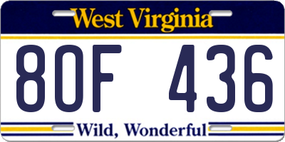 WV license plate 8OF436